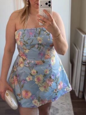 Enchnt Strapless Blue Floral Embroidered Mini Dress